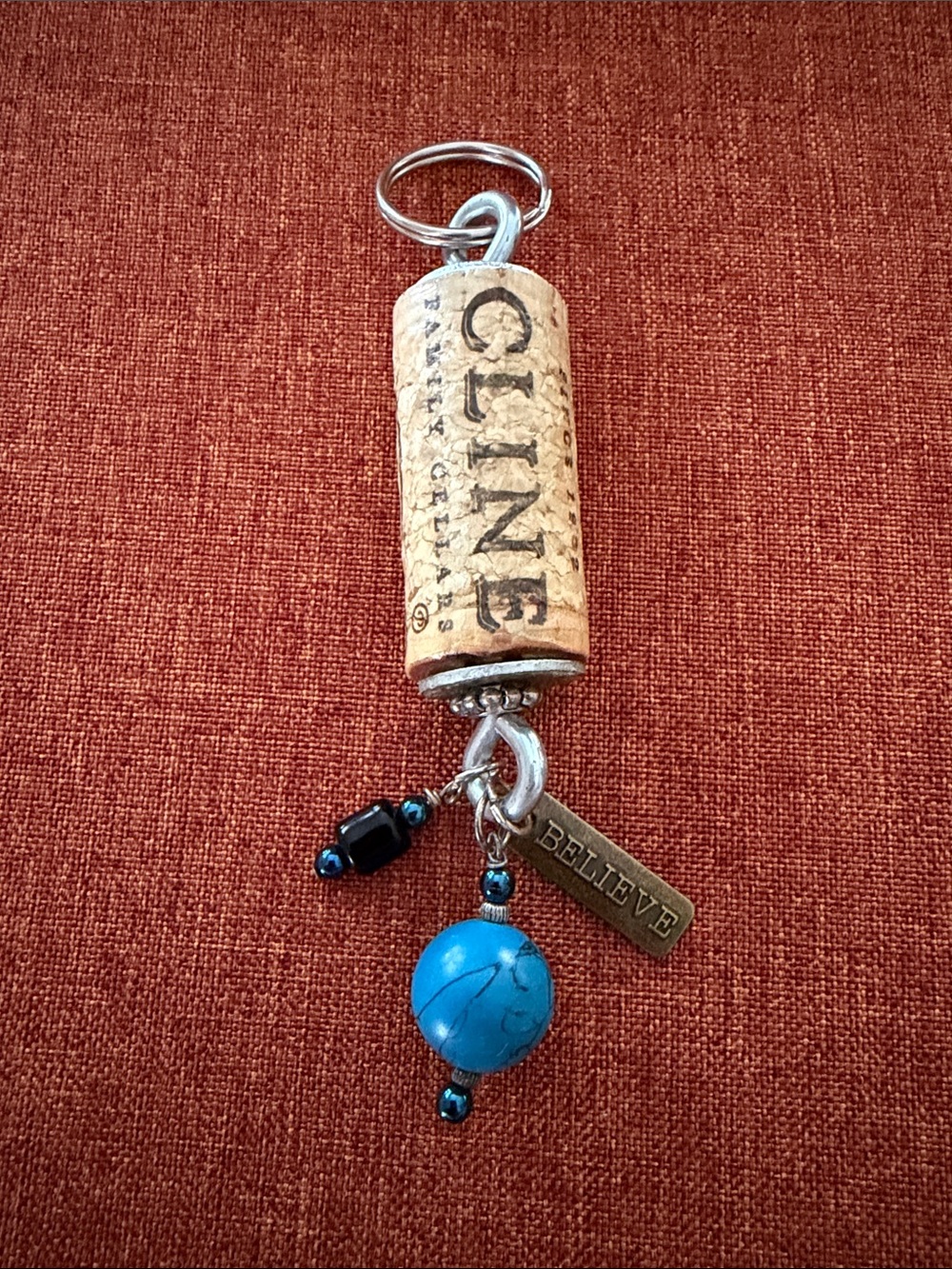 Handmade Turquoise Cork Keychain with "Believe" Charm -